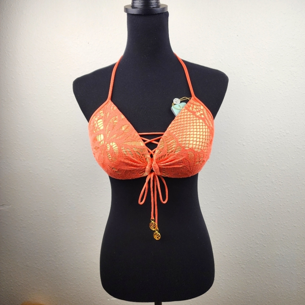 Luli Fama Guauanco Mamey Bandeau Coral Push-Up Halter Bikini Top Size Large